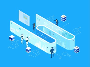 Küresel sunucular ve iş adamlarının çalıştığı ve girdiği yapay zeka geliştirme verileri, dijital dönüşüm, bulut hesaplama, veri yönetimi, otomasyon ve modern teknoloji güdümlü iş operasyonları illüstrasyonu .