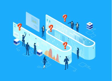 İş adamları ve soru işareti. Problem kavramı izometrik illüstrasyon çözülüyor