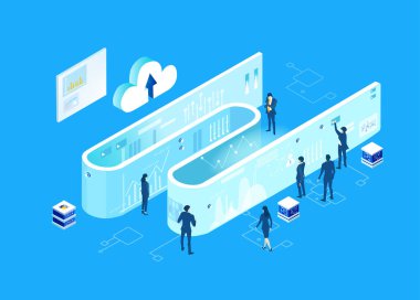 Küresel sunucular ve iş adamlarının çalıştığı ve girdiği yapay zeka geliştirme verileri, dijital dönüşüm, bulut hesaplama, veri yönetimi, otomasyon ve modern teknoloji güdümlü iş operasyonları illüstrasyonu .