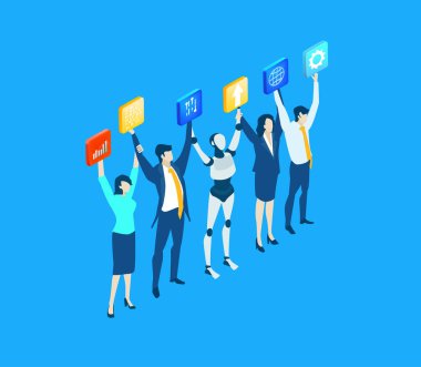 Kutlama için el kaldıran bir iş ekibinin, başarıyı, takım çalışmasını, başarıyı, motivasyonu, birliği ve modern profesyonel ortamda pozitif kurumsal kültürü sembolize eden bir temsili..