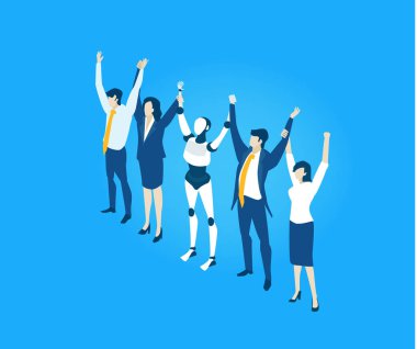 Kutlama için el kaldıran bir iş ekibinin, başarıyı, takım çalışmasını, başarıyı, motivasyonu, birliği ve modern profesyonel ortamda pozitif kurumsal kültürü sembolize eden bir temsili..