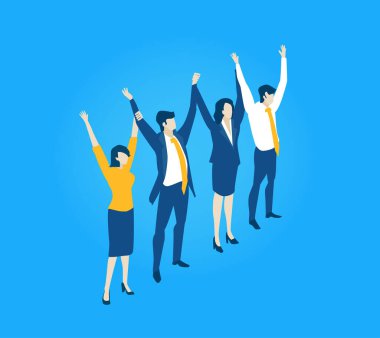 Kutlama için el kaldıran bir iş ekibinin, başarıyı, takım çalışmasını, başarıyı, motivasyonu, birliği ve modern profesyonel ortamda pozitif kurumsal kültürü sembolize eden bir temsili..