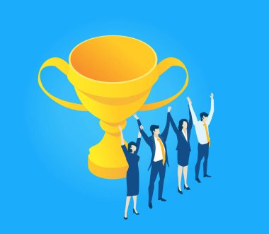 Kutlama için el kaldıran bir iş ekibinin, başarıyı, takım çalışmasını, başarıyı, motivasyonu, birliği ve modern profesyonel ortamda pozitif kurumsal kültürü sembolize eden bir temsili..