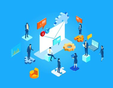 Mobil uygulama geliştiriliyor, izometrik illüstrasyon. Yenilik, teknoloji, programlama, işbirliği, dijital ürün oluşturma ve modern yazılım geliştirme süreçlerini temsil eden mobil bir uygulama geliştiren profesyonellerden oluşan bir ekip.