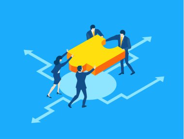 İş adamları birlikte çalışıyor, sorunları çözüyorlar. Isometric iş konsepti çizimi