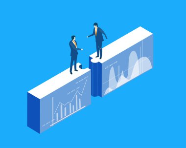 İş adamları birlikte çalışıyor, sorunları çözüyorlar. Isometric iş konsepti çizimi