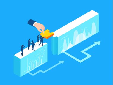 İş adamları bulmacalarla çalışıyor, sorunları çözüyorlar. Isometric iş konsepti çizimi