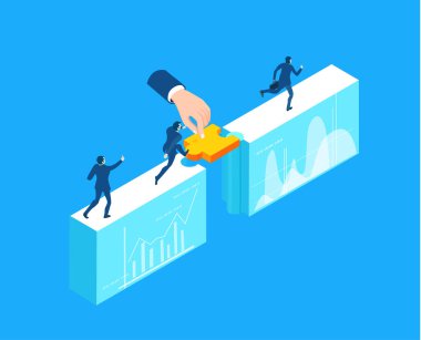 İş adamları bulmacalarla çalışıyor, sorunları çözüyorlar. Isometric iş konsepti çizimi