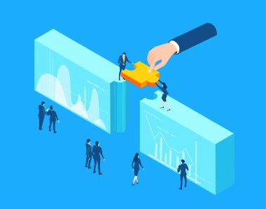 İş adamları birlikte çalışıyor, sorunları çözüyorlar. Isometric iş konsepti çizimi