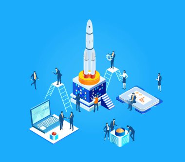 Küresel. Roketin etrafında çalışan iş adamları. Takım çalışması, kurumsal iletişim, dünya çapında işbirliği, teknoloji, modern girişim geliştirme kavramı.