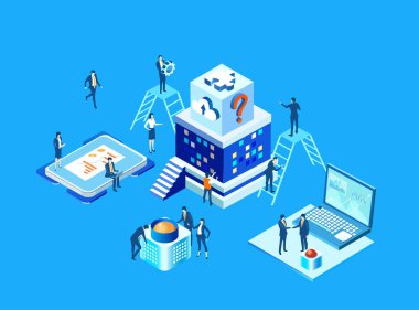 Küresel sunucu ve yapay zeka geliştirme ve veri girişi yapan iş adamları. Bulut hesaplama, veri yönetimi, otomasyon ve modern teknoloji güdümlü iş operasyonları konsepti illüstrasyonu .