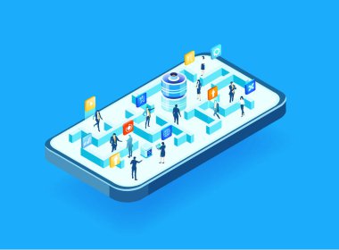 Labirent, bankacılık, küresel işletme, veri analizi ve finansal hizmetler izometrik illüstrasyonunda çalışan işadamları