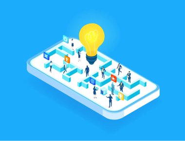 Labirent, bankacılık, küresel işletme, veri analizi ve finansal hizmetler izometrik illüstrasyonunda çalışan işadamları