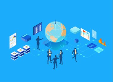 Küresel sunucu ve yapay zeka geliştirme ve veri girişi yapan iş adamları. Bulut hesaplama, veri yönetimi, otomasyon ve modern teknoloji güdümlü iş operasyonları konsepti illüstrasyonu .