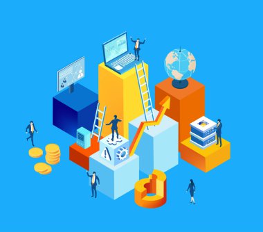 Küpler ve yüzen simgelerin geometrik ortamı içinde çalışan iş dünyasından profesyonellerin soyut çizimi, dijital iş akışını, yeniliği, yapılandırılmış stratejiyi, veri organizasyonunu ve modern kurumsal işbirliğini sembolize etmektedir..