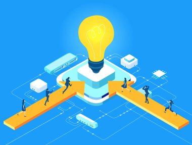 Küresel. Ampulün etrafında çalışan iş adamları. Takım çalışması, kurumsal iletişim, dünya çapında işbirliği ve modern girişim geliştirme.