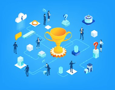 İş hayatında başarı. Altın Kupa etrafında birlikte çalışan iş adamları. Takım çalışması, kurumsal iletişim, dünya çapında işbirliği ve modern girişim geliştirme.