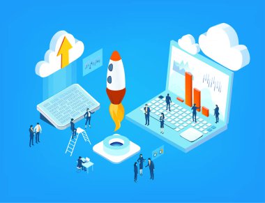 Küresel. Roketin etrafında çalışan iş adamları. Takım çalışması, kurumsal iletişim, dünya çapında işbirliği, teknoloji, modern girişim geliştirme kavramı.