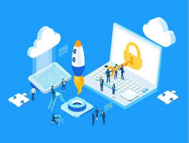 Küresel. Roketin etrafında çalışan iş adamları. Takım çalışması, kurumsal iletişim, dünya çapında işbirliği, teknoloji, modern girişim geliştirme kavramı.