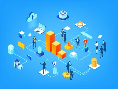 Grafikler, tablolar ve finansal raporlar üzerinde çalışan iş adamları. Bankacılık ve finans sektörü kavramı izometrik illüstrasyon