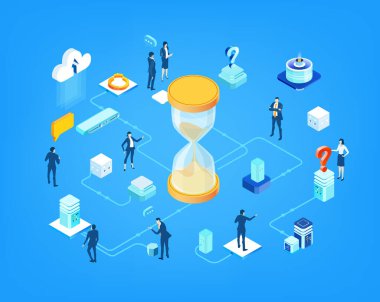 Kum saati etrafında soyut izometrik bir ortamda çalışan iş adamları