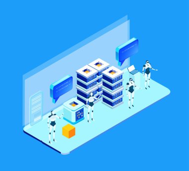 Küresel sunucular ve iş adamlarının çalıştığı ve girdiği yapay zeka geliştirme verileri, dijital dönüşüm, bulut hesaplama, veri yönetimi, otomasyon ve modern teknoloji güdümlü iş operasyonları illüstrasyonu .