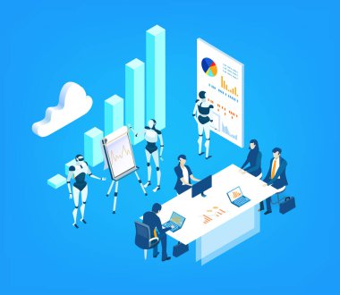 Otomasyon ve robotlar insan işçilerin yerini alıyor, yapay zekayı, teknolojik bozulmayı, işsizlik riskini, dijital dönüşümü ve modern sanayinin geleceğini sembolize ediyor..