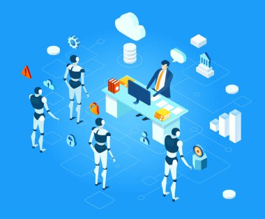 Otomasyon ve robotlar insan işçilerin yerini alıyor, yapay zekayı, teknolojik bozulmayı, işsizlik riskini, dijital dönüşümü ve modern sanayinin geleceğini sembolize ediyor..