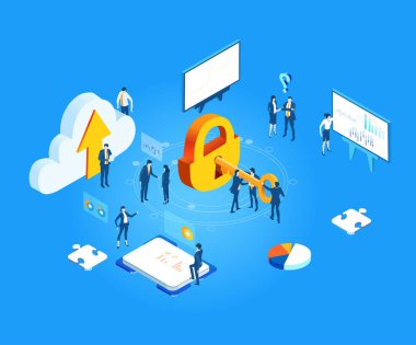 Lock 'la çalışan işadamları, altın anahtarla açıyorlar. Güvenlik, veri koruması, gelişmiş teknoloji konseptinde siber güvenlik Isometric illüstrasyon
