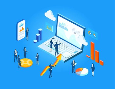 Grafikler, tablolar ve finansal raporlar üzerinde çalışan iş adamları. Bankacılık ve finans sektörü kavramı izometrik illüstrasyon