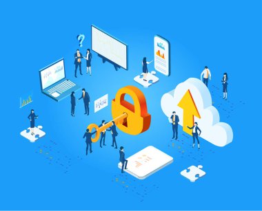 Lock 'la çalışan işadamları, altın anahtarla açıyorlar. Güvenlik, veri koruması, gelişmiş teknoloji konseptinde siber güvenlik Isometric illüstrasyon