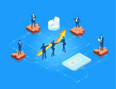 Grafikler, tablolar ve finansal raporlar üzerinde çalışan iş adamları. Bankacılık ve finans sektörü kavramı izometrik illüstrasyon