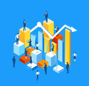 Grafikler, tablolar ve finansal raporlar üzerinde çalışan iş adamları. Bankacılık ve finans sektörü kavramı izometrik illüstrasyon