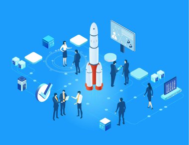 Küresel. Roketin etrafında çalışan iş adamları. Takım çalışması, kurumsal iletişim, dünya çapında işbirliği, teknoloji, modern girişim geliştirme kavramı.