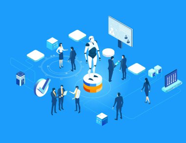 Otomasyon ve robotlar insan işçilerin yerini alıyor, yapay zekayı, teknolojik bozulmayı, işsizlik riskini, dijital dönüşümü ve modern sanayinin geleceğini sembolize ediyor..