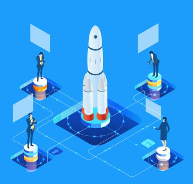 Küresel. Roketin etrafında çalışan iş adamları. Takım çalışması, kurumsal iletişim, dünya çapında işbirliği, teknoloji, modern girişim geliştirme kavramı.