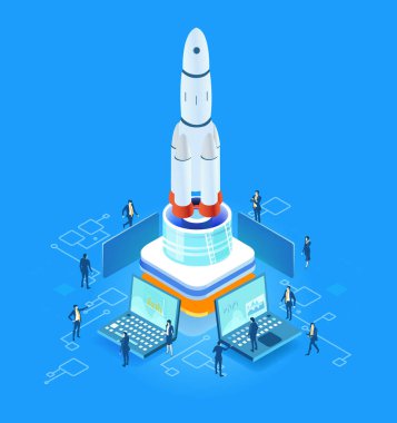 Küresel. Roketin etrafında çalışan iş adamları. Takım çalışması, kurumsal iletişim, dünya çapında işbirliği, teknoloji, modern girişim geliştirme kavramı.