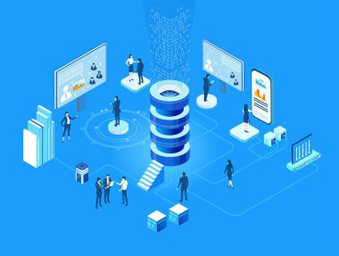 Küresel sunucular ve iş adamlarının çalıştığı ve girdiği yapay zeka geliştirme verileri, dijital dönüşüm, bulut hesaplama, veri yönetimi, otomasyon ve modern teknoloji güdümlü iş operasyonları illüstrasyonu .