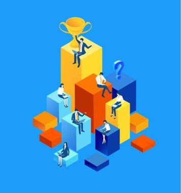 Küpler ve yüzen simgelerin geometrik ortamı içinde çalışan iş dünyasından profesyonellerin soyut çizimi, dijital iş akışını, yeniliği, yapılandırılmış stratejiyi, veri organizasyonunu ve modern kurumsal işbirliğini sembolize etmektedir..