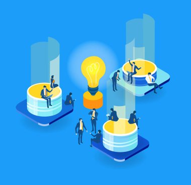 Küresel sunucular ve iş adamlarının çalıştığı ve girdiği yapay zeka geliştirme verileri, dijital dönüşüm, bulut hesaplama, veri yönetimi, otomasyon ve modern teknoloji güdümlü iş operasyonları illüstrasyonu .