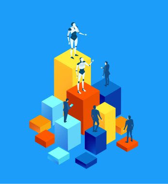 Otomasyon ve robotlar insan işçilerin yerini alıyor, yapay zekayı, teknolojik bozulmayı, işsizlik riskini, dijital dönüşümü ve modern sanayinin geleceğini sembolize ediyor..