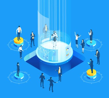 Küresel sunucular ve iş adamlarının çalıştığı ve girdiği yapay zeka geliştirme verileri, dijital dönüşüm, bulut hesaplama, veri yönetimi, otomasyon ve modern teknoloji güdümlü iş operasyonları illüstrasyonu .