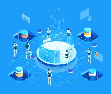 Küresel sunucular ve iş adamlarının çalıştığı ve girdiği yapay zeka geliştirme verileri, dijital dönüşüm, bulut hesaplama, veri yönetimi, otomasyon ve modern teknoloji güdümlü iş operasyonları illüstrasyonu .