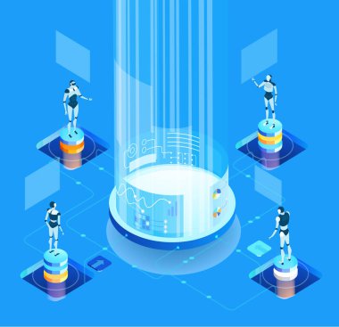 Küresel sunucular ve iş adamlarının çalıştığı ve girdiği yapay zeka geliştirme verileri, dijital dönüşüm, bulut hesaplama, veri yönetimi, otomasyon ve modern teknoloji güdümlü iş operasyonları illüstrasyonu .