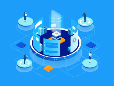 Küresel sunucular ve iş adamlarının çalıştığı ve girdiği yapay zeka geliştirme verileri, dijital dönüşüm, bulut hesaplama, veri yönetimi, otomasyon ve modern teknoloji güdümlü iş operasyonları illüstrasyonu .