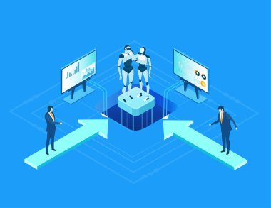 Küresel sunucular ve iş adamlarının çalıştığı ve girdiği yapay zeka geliştirme verileri, dijital dönüşüm, bulut hesaplama, veri yönetimi, otomasyon ve modern teknoloji güdümlü iş operasyonları illüstrasyonu .