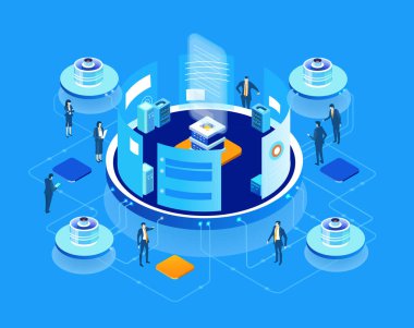 Küresel sunucular ve iş adamlarının çalıştığı ve girdiği yapay zeka geliştirme verileri, dijital dönüşüm, bulut hesaplama, veri yönetimi, otomasyon ve modern teknoloji güdümlü iş operasyonları illüstrasyonu .