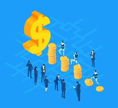 Altın dolar, bankacılık ve finans sektörü konsepti etrafında çalışan iş adamları izometrik illüstrasyon