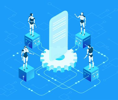 Küresel sunucular ve iş adamlarının çalıştığı ve girdiği yapay zeka geliştirme verileri, dijital dönüşüm, bulut hesaplama, veri yönetimi, otomasyon ve modern teknoloji güdümlü iş operasyonları illüstrasyonu .