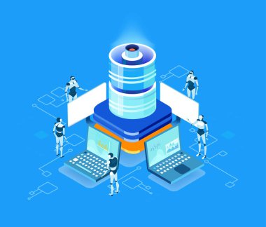 Küresel sunucular ve iş adamlarının çalıştığı ve girdiği yapay zeka geliştirme verileri, dijital dönüşüm, bulut hesaplama, veri yönetimi, otomasyon ve modern teknoloji güdümlü iş operasyonları illüstrasyonu .